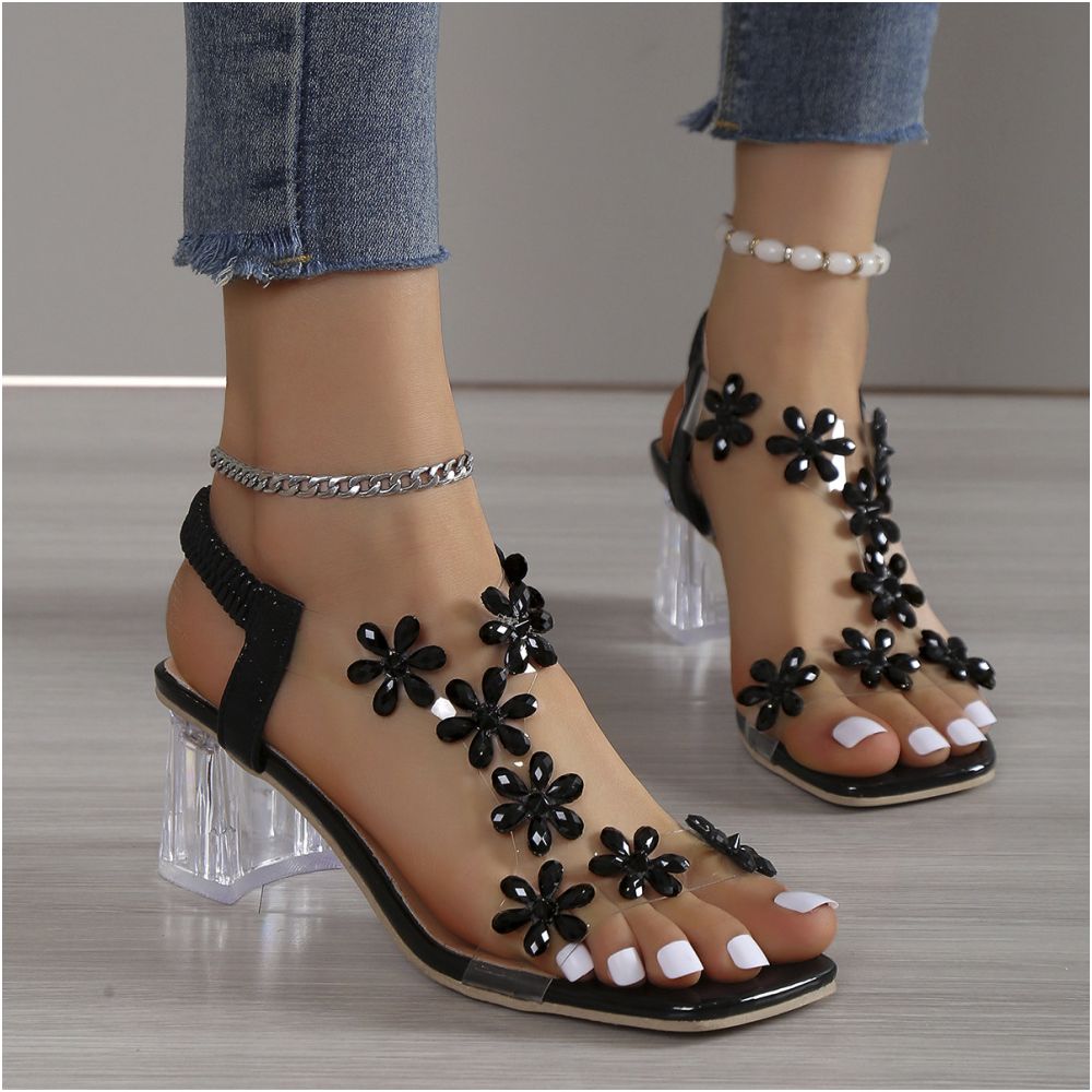 2025 Summer New Foreign Trade Large Sandals for Women Coarse Heels with rhinestones and open toe High Heels Elastic and Fashionable Women s Shoes image 3