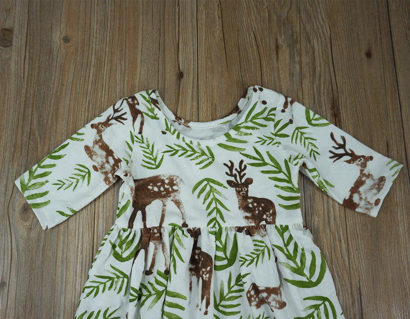 Summer new deer print baby girl dress 5 points sleeve