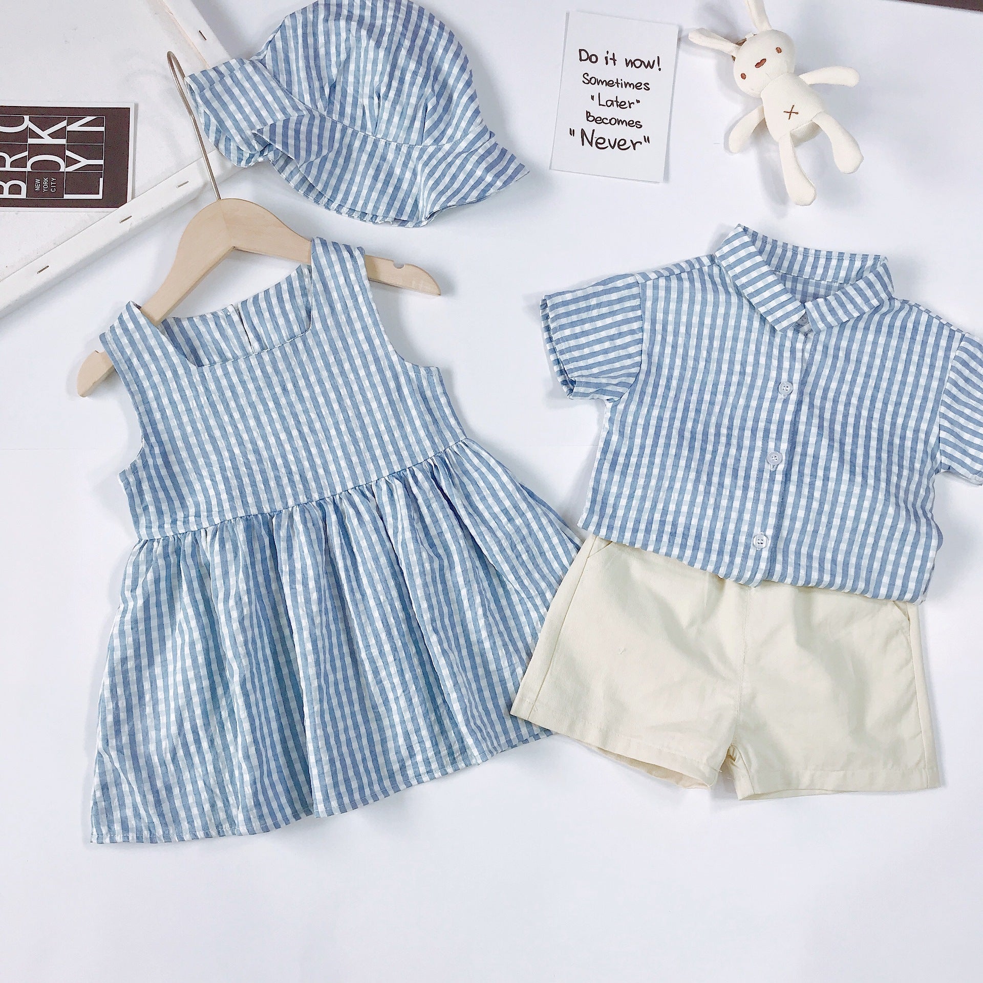Summer Girls' Blue And White Plaid Dress