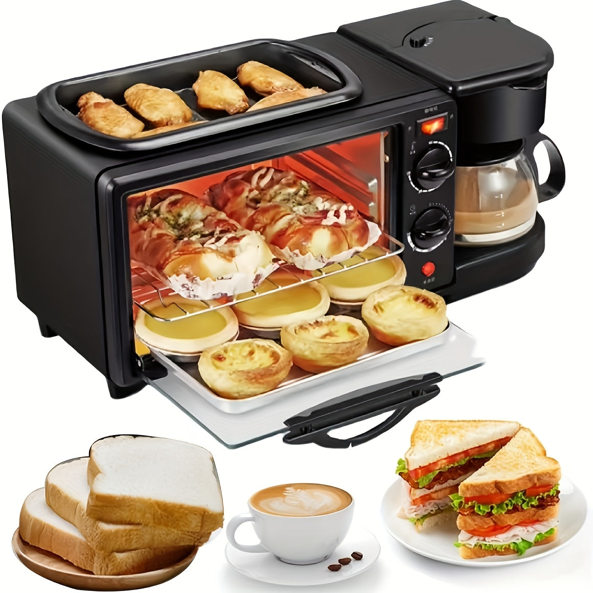 3-in-1 Breakfast Machine with Automatic Power Off, One-Touch Operation for Eggs, Toast & Coffee, Non-Stick Coating, Timer & No Supervision Needed - Compact Square Design for Small Kitchens, 110V US Plug, Kitchen Appliance, Mo