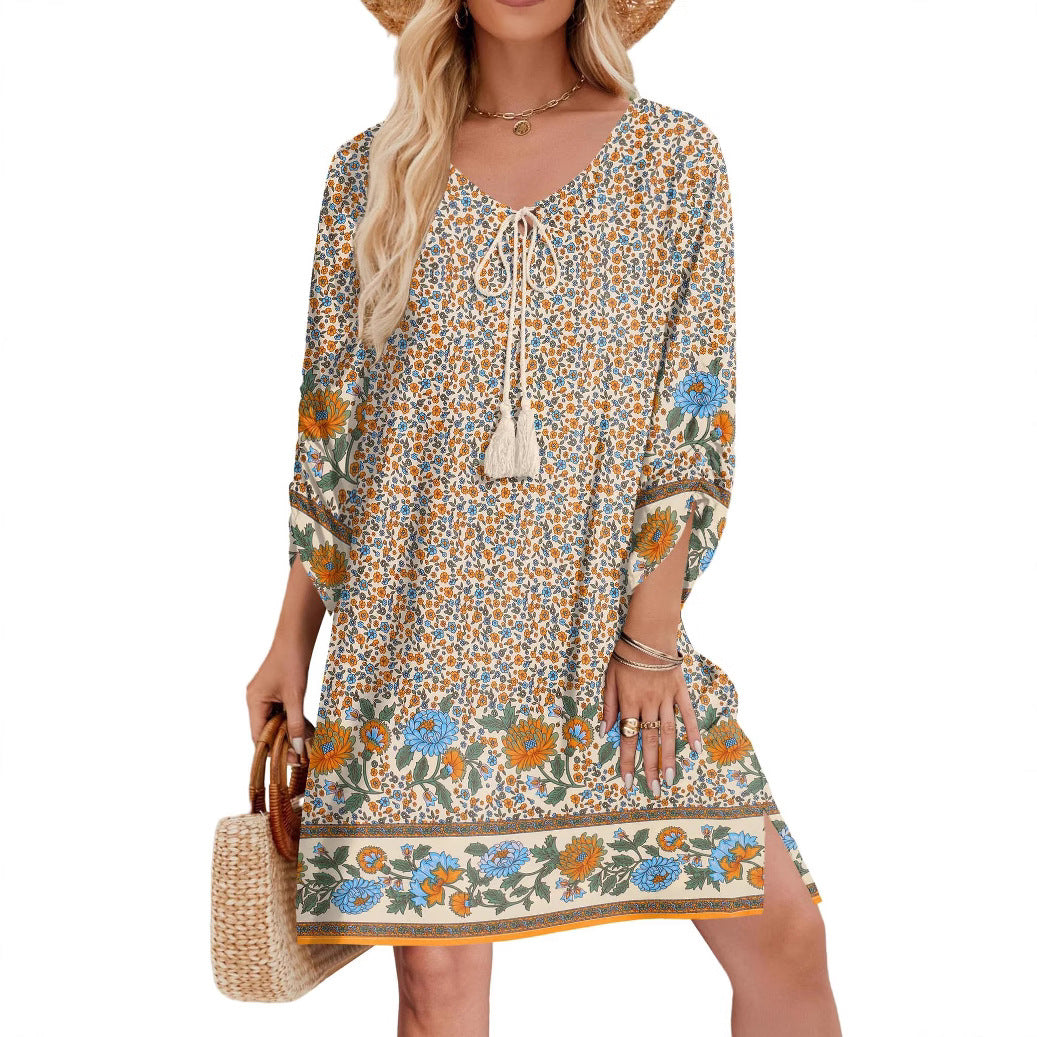 Women's Casual Bohemian V-Neck Tie-Dye Print Dress
