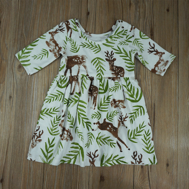 Summer new deer print baby girl dress 5 points sleeve