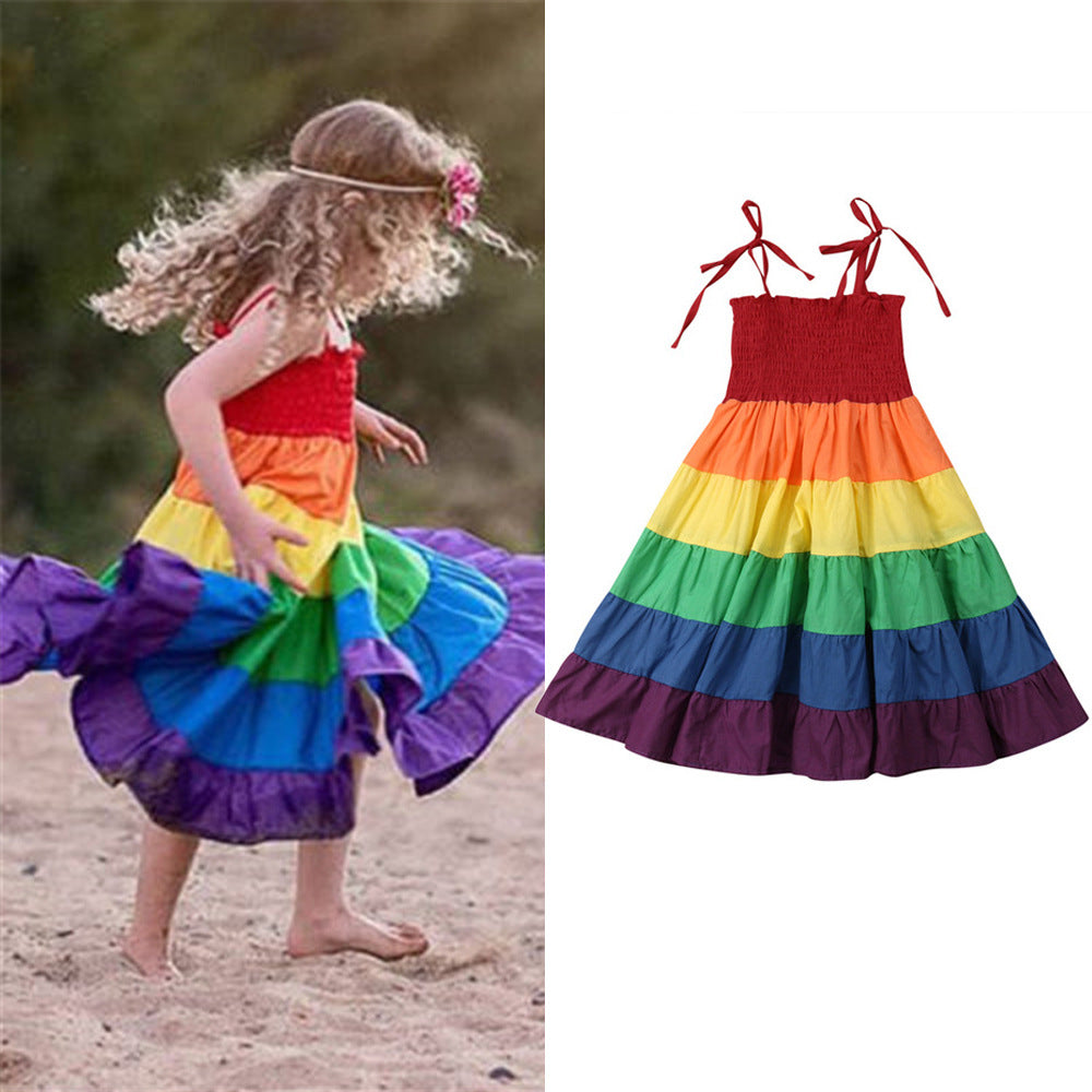 Children'S Skirt Summer Girls Rainbow Dress Suspender Princess Dress