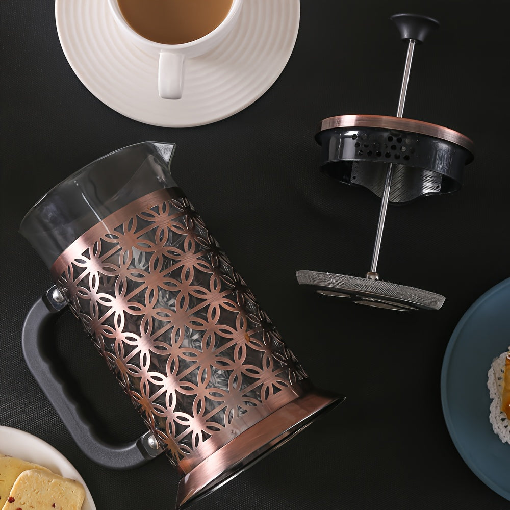 33.81oz Stainless Steel French Press Coffee Maker with High Borosilicate Glass Carafe - Manual Reusable Filter, Vintage Metal Exterior, No Electricity Needed for Home & Office Use, Coffee Bar Accessories, Kitchen Appliance, E