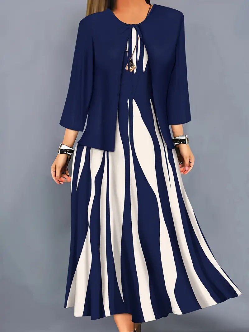 Geometric Print Plus Size Dress Long Sleeve Top Coat Long Skirt Two-piece Set