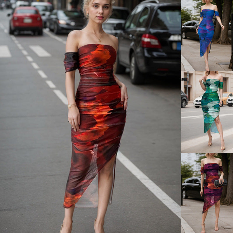 Women's Casual One-Shoulder Slit Wave Hem Chiffon Dress