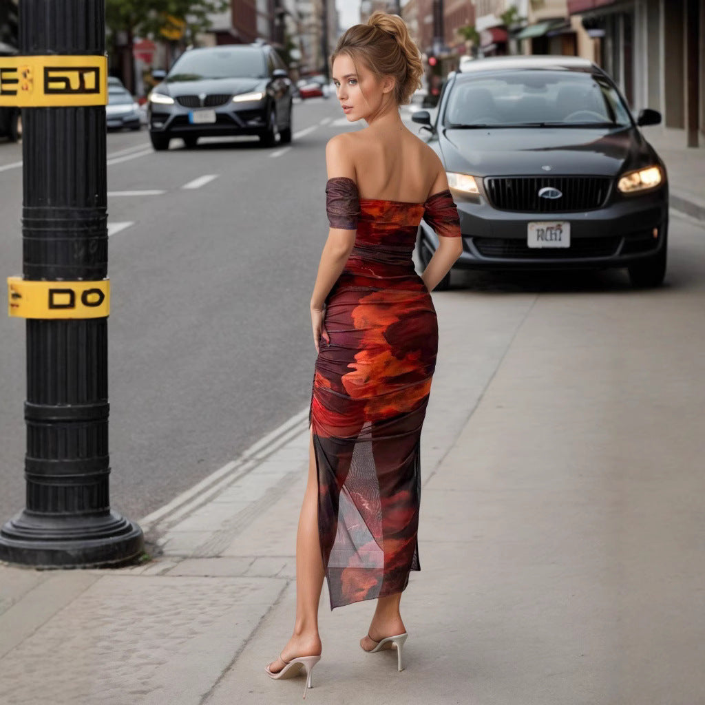Women's Casual One-Shoulder Slit Wave Hem Chiffon Dress