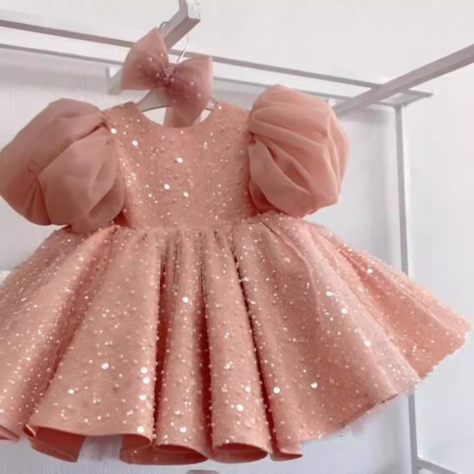 Children's Dress Sequined Big Puff Sleeve Western Style Flower Girl Baby Girl