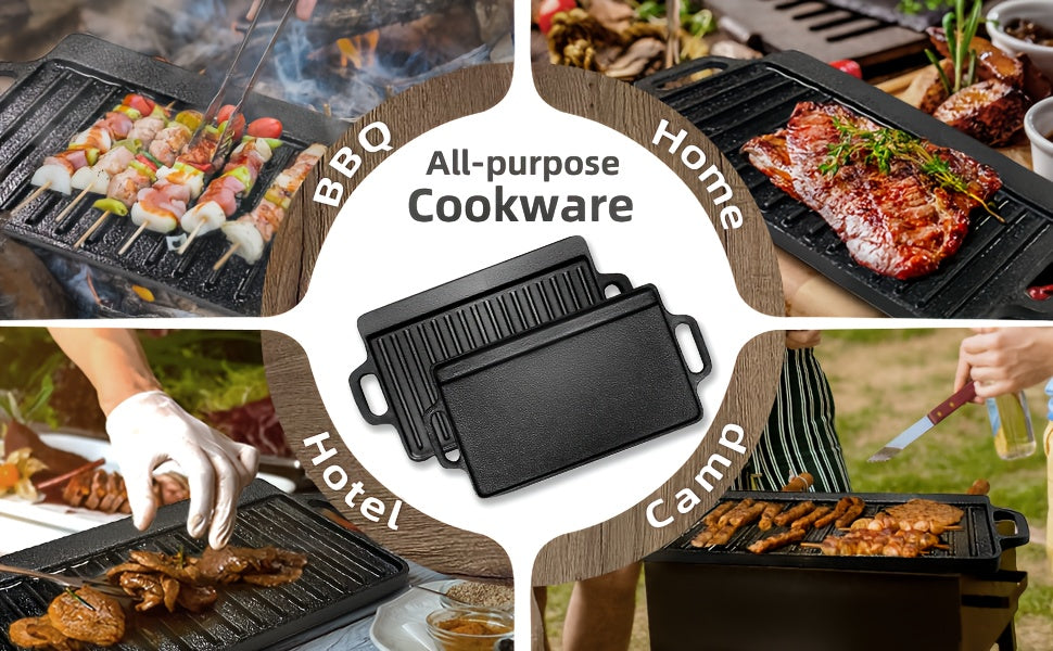 Heavy Duty Reversible Cast Iron Griddle Grill Pan - Double-Sided 21.25x9.44 Inch Single Burner Cookware with Smooth & Ridged Surfaces, Easy-Grip Handles for Stovetop, Oven, Campfire - Perfect for Pancakes, Steak, Burgers, Out
