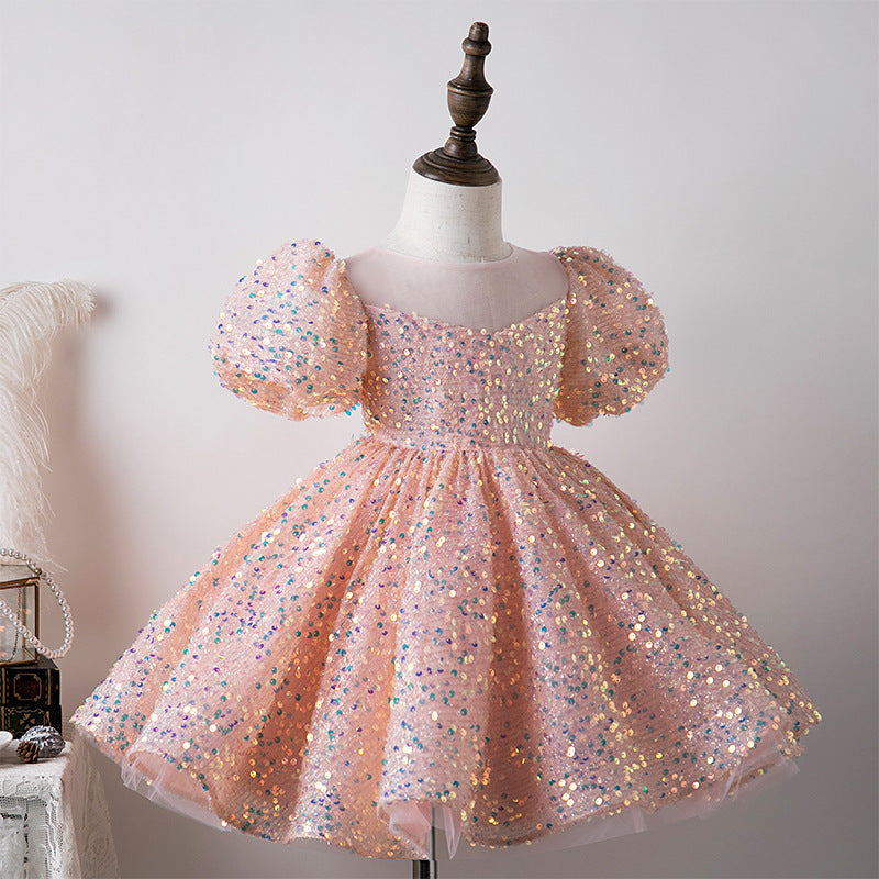 Bubble Sleeve Princess Dress Sequined Western Style Baby Girl Birthday Party Girl Costume