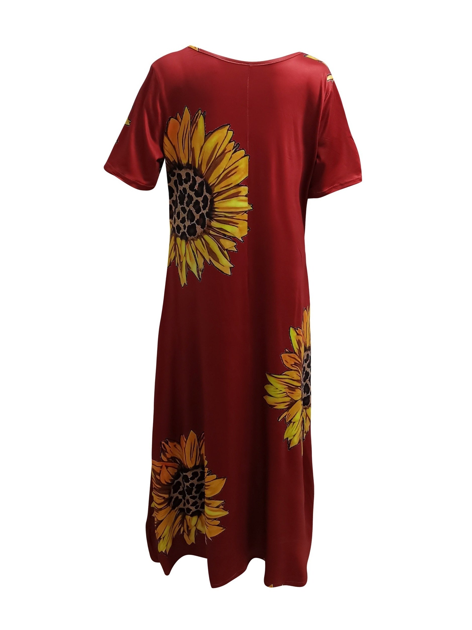 [Sunflower Print Dress] Sunflower Print Women's Dress | Casual Vacation Style, Round Neckline with Wide Opening, Loose Short Sleeve Maxi Skirt