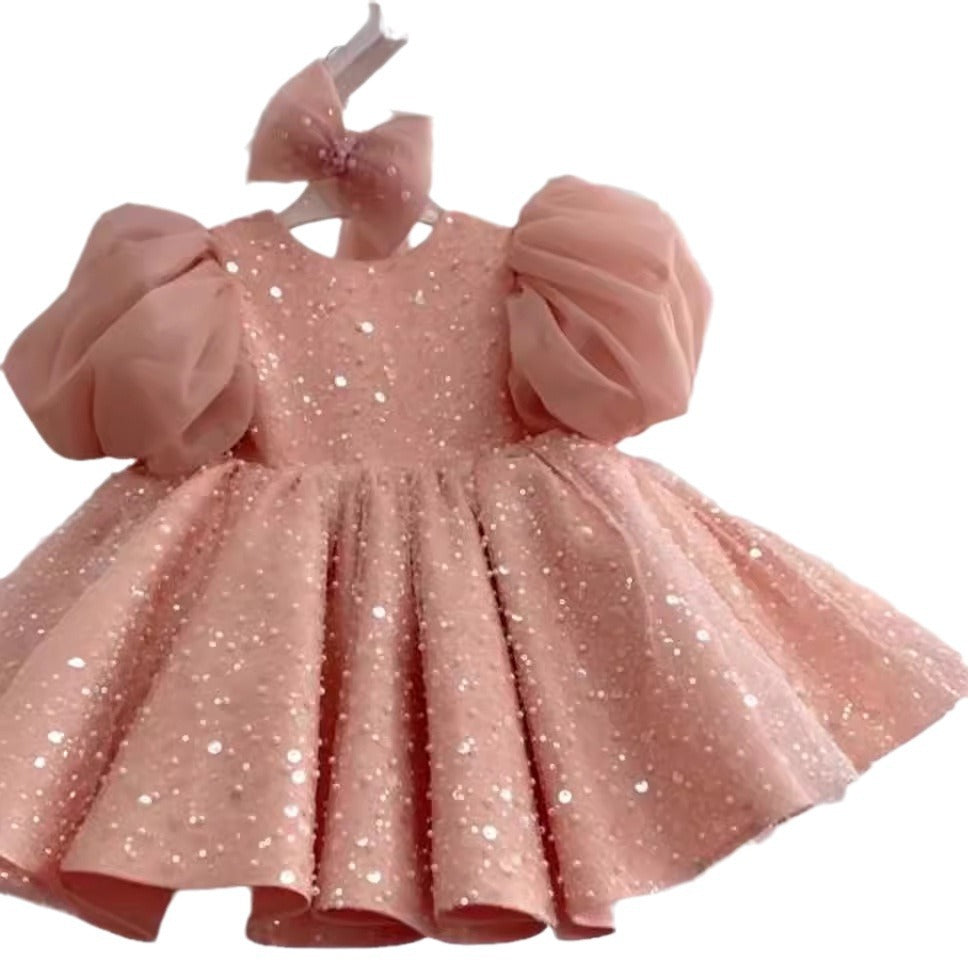 Children's Dress Sequined Big Puff Sleeve Western Style Flower Girl Baby Girl