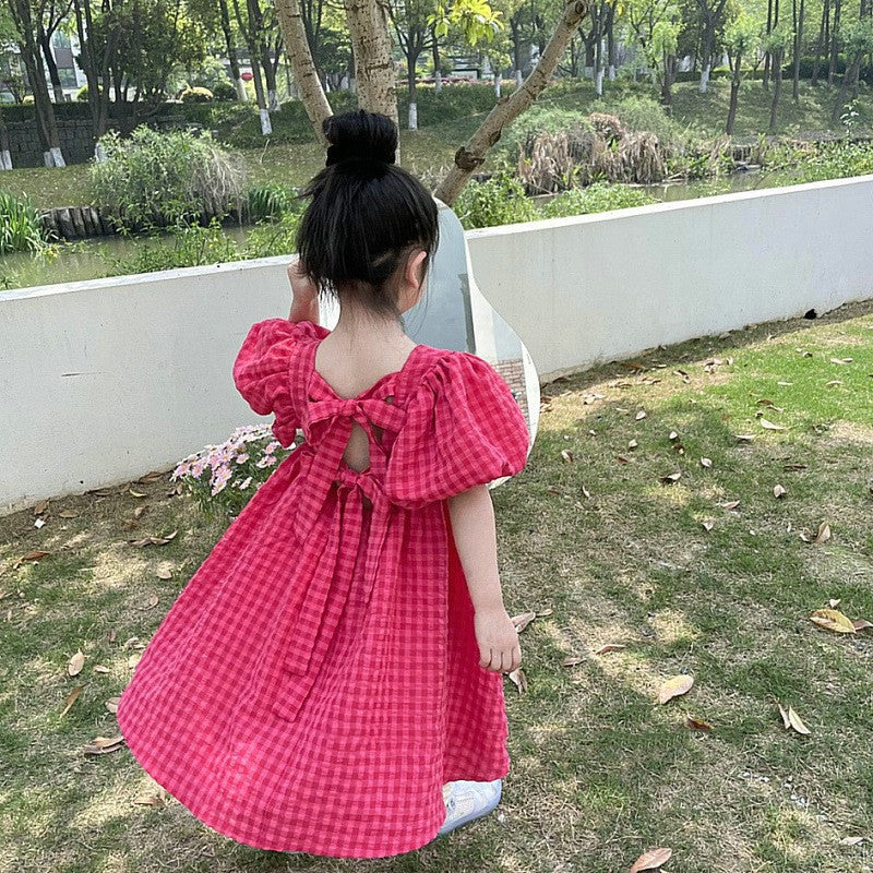 Girls' Plaid Summer Dress Puff Sleeves