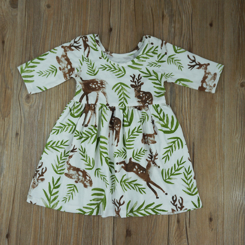 Summer new deer print baby girl dress 5 points sleeve