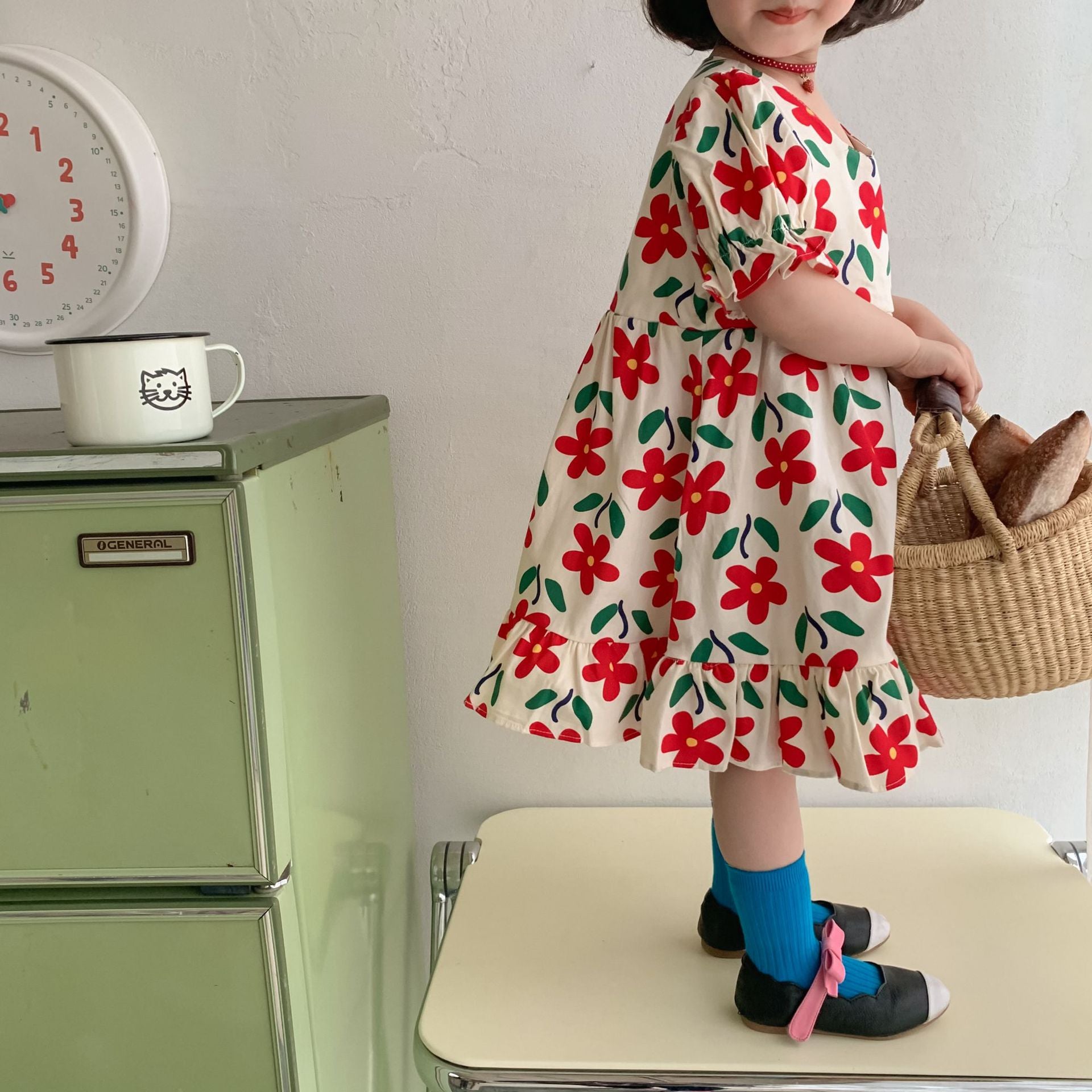 Girls Summer Short Sleeve Flower Print Dress