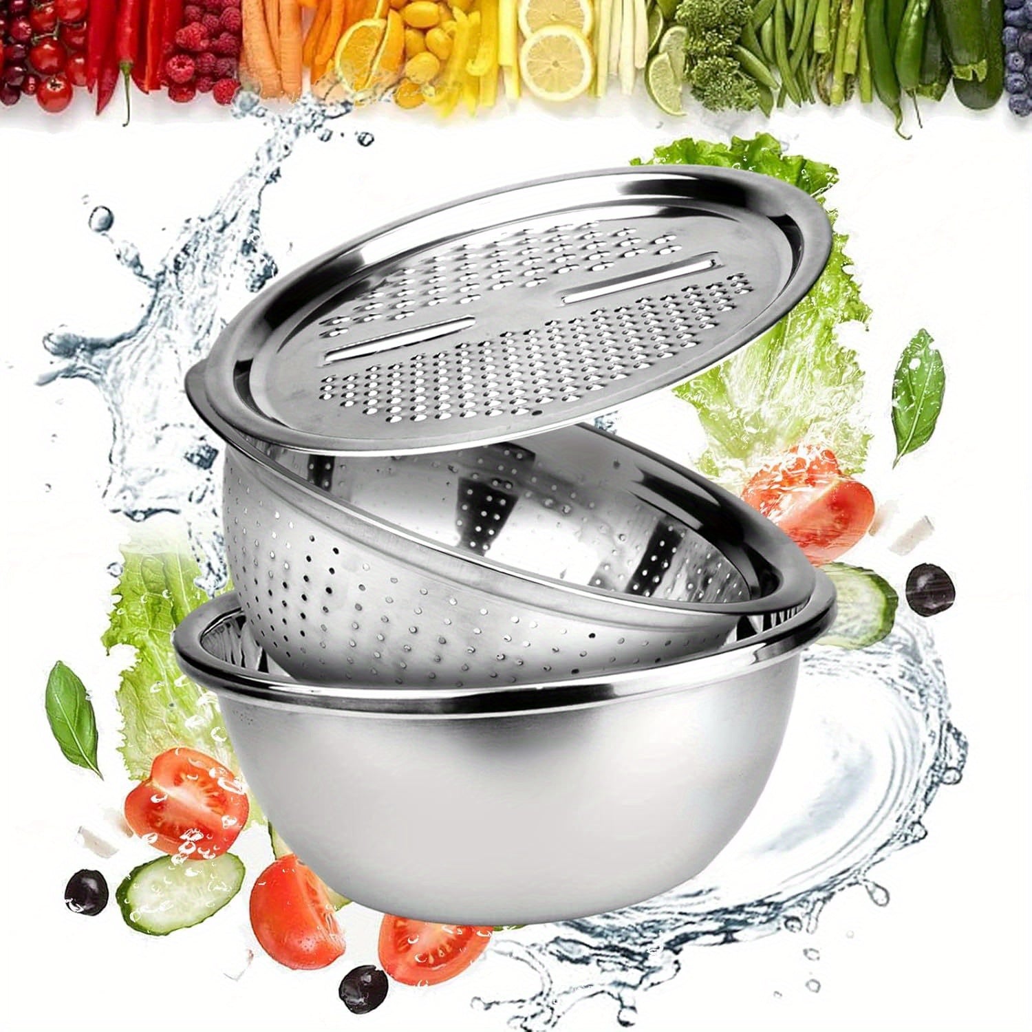 Heavy-Duty Stainless Steel 3-in-1 Vegetable Grater, Salad Maker & Drain Basket - Multi-Purpose Kitchen Tool with Cheese Grater, Salad Chopper, Drain Basin - Space-Saving Design for Home & Commercial Use - Easy to Clean & Rust