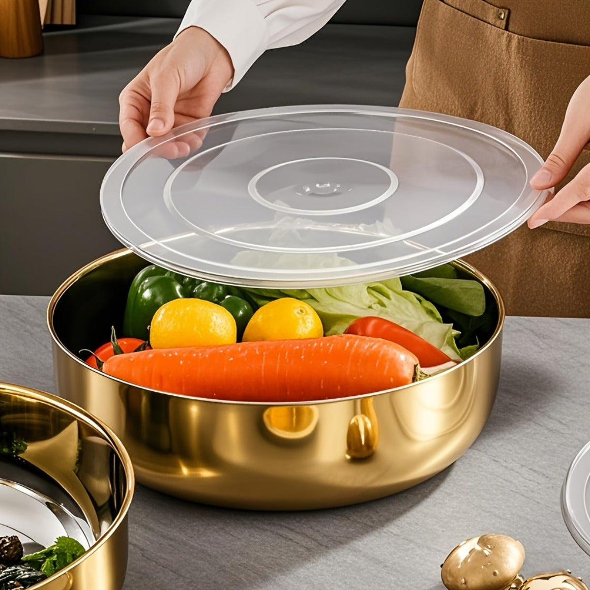 Large Golden Stainless Steel Mixing Bowl with Lid - Rust-Proof, Deep & Wide Design for Kneading Dough, Noodles, Vegetable Cleaning, and Cooking Soup - Perfect for Multifunctional Kitchens, Soup Preparation | Elegant Kitchenwa