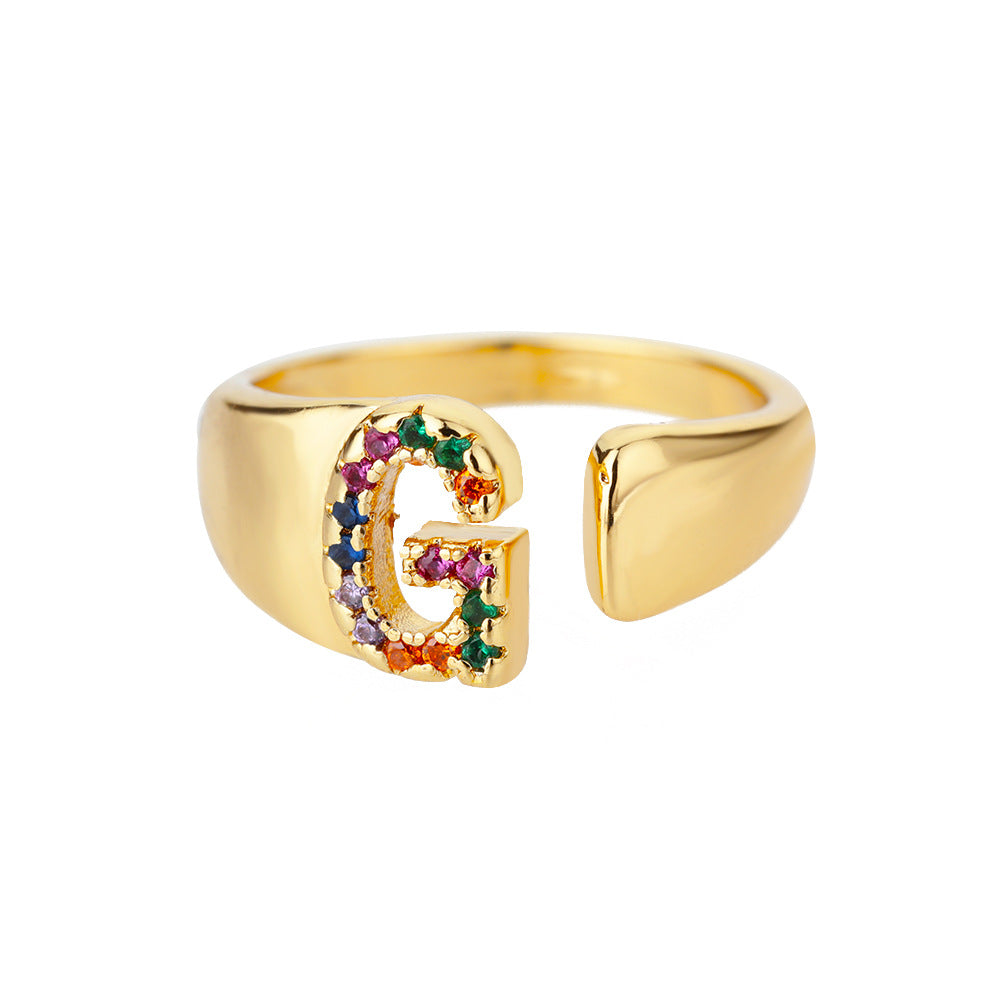 Fashion Micro-set Colored Zirconium 26 English Letters Adjustable Open Ring