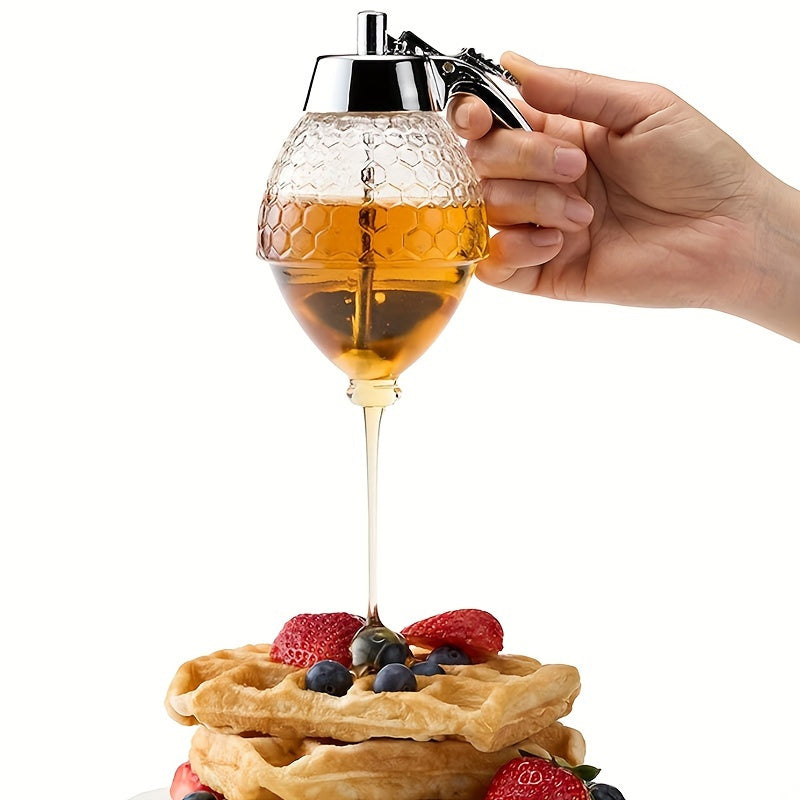 Honeycomb-Patterned Honey Dispenser with Metal Spout - Non-Spill Pouring, Space-Saving Kitchen Countertop Organizer - for Honey, Syrup, Sauce, Spices - Easy-Pour Design, Food-Safe Plastic Construction - Ideal for Home, Restau