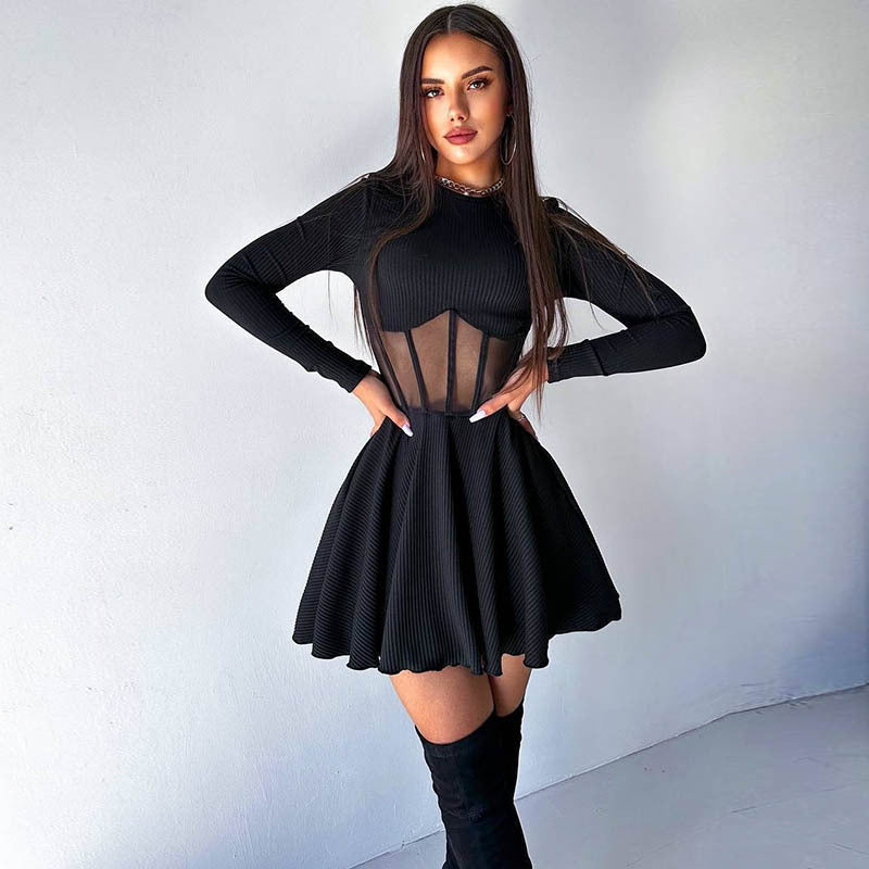 Women's Semi-high Collar Long Sleeve Fashion Mesh Spliced Fishbone Waist Short Dress