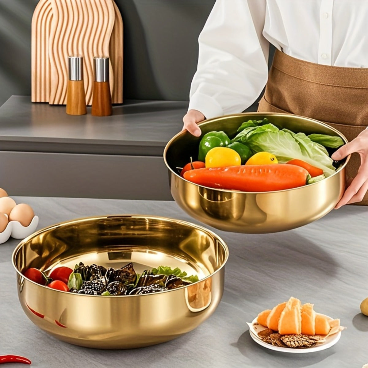Large Golden Stainless Steel Mixing Bowl with Lid - Rust-Proof, Deep & Wide Design for Kneading Dough, Noodles, Vegetable Cleaning, and Cooking Soup - Perfect for Multifunctional Kitchens, Soup Preparation | Elegant Kitchenwa