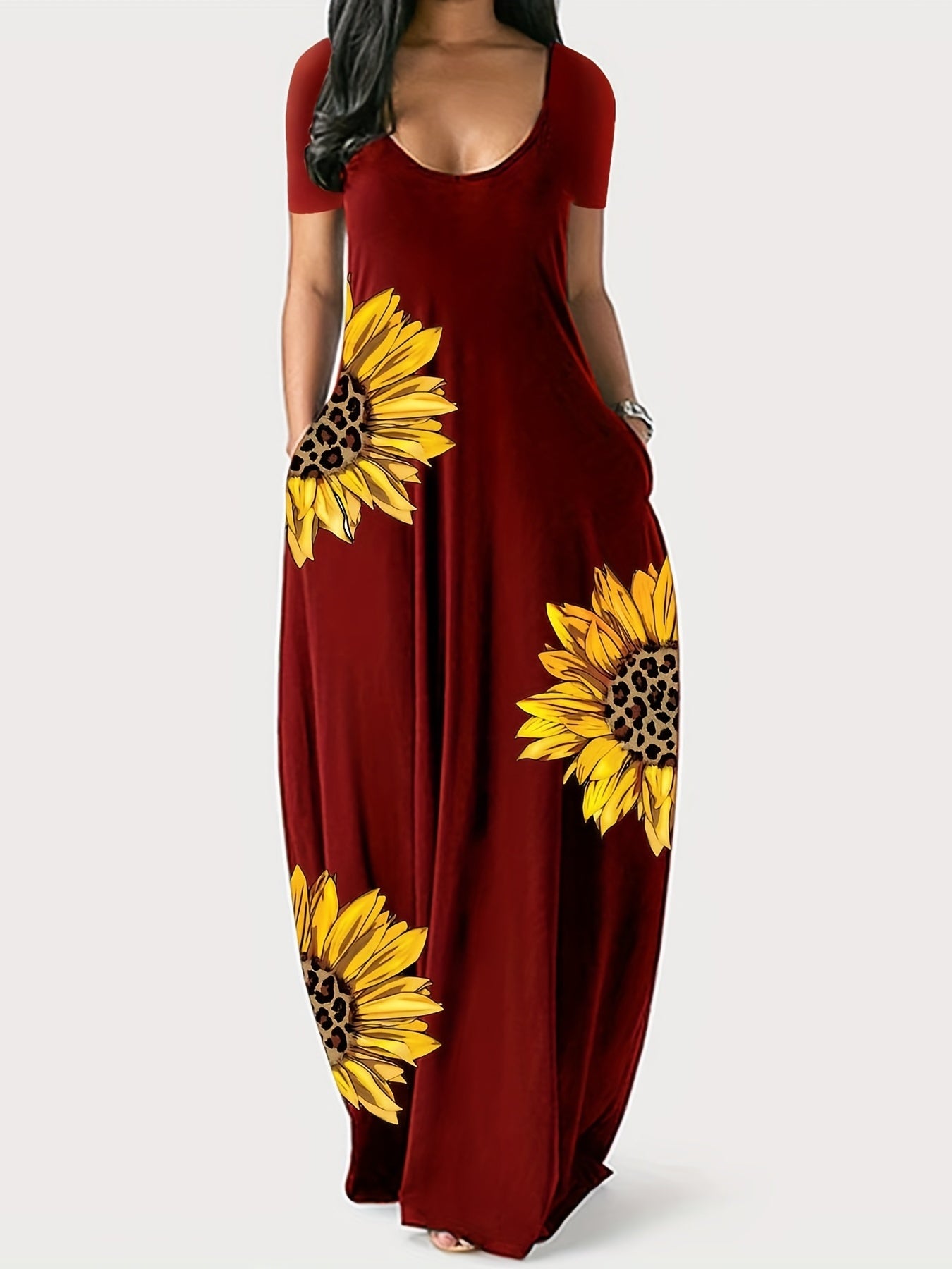 [Sunflower Print Dress] Sunflower Print Women's Dress | Casual Vacation Style, Round Neckline with Wide Opening, Loose Short Sleeve Maxi Skirt