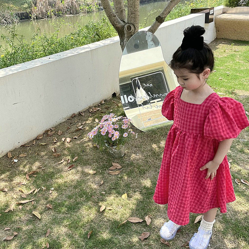 Girls' Plaid Summer Dress Puff Sleeves