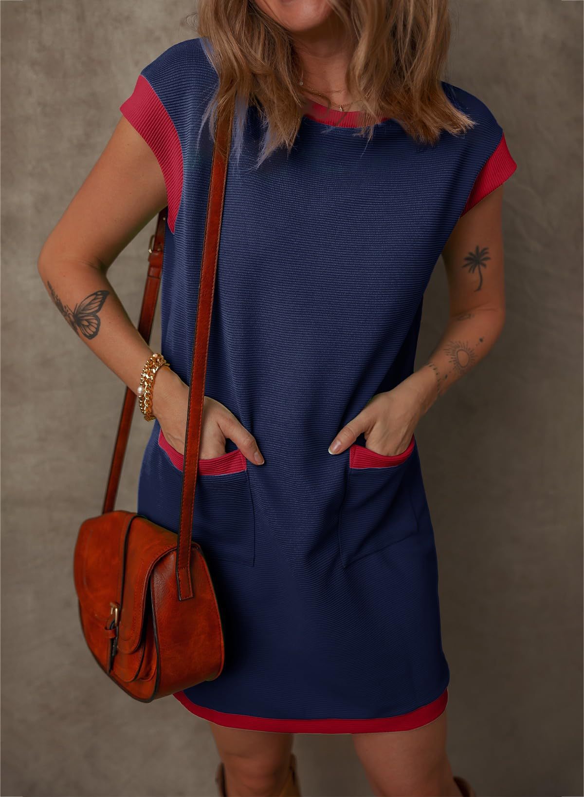 Women's Pullover Pocket Flap Sleeve Color-blocked Straight Dress