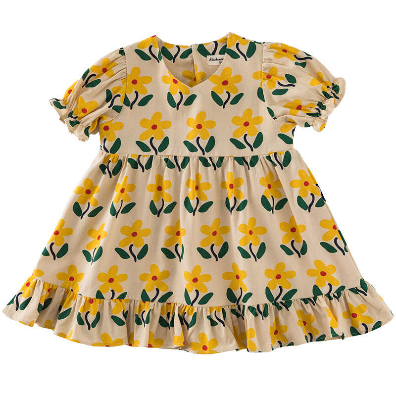 Girls Summer Short Sleeve Flower Print Dress