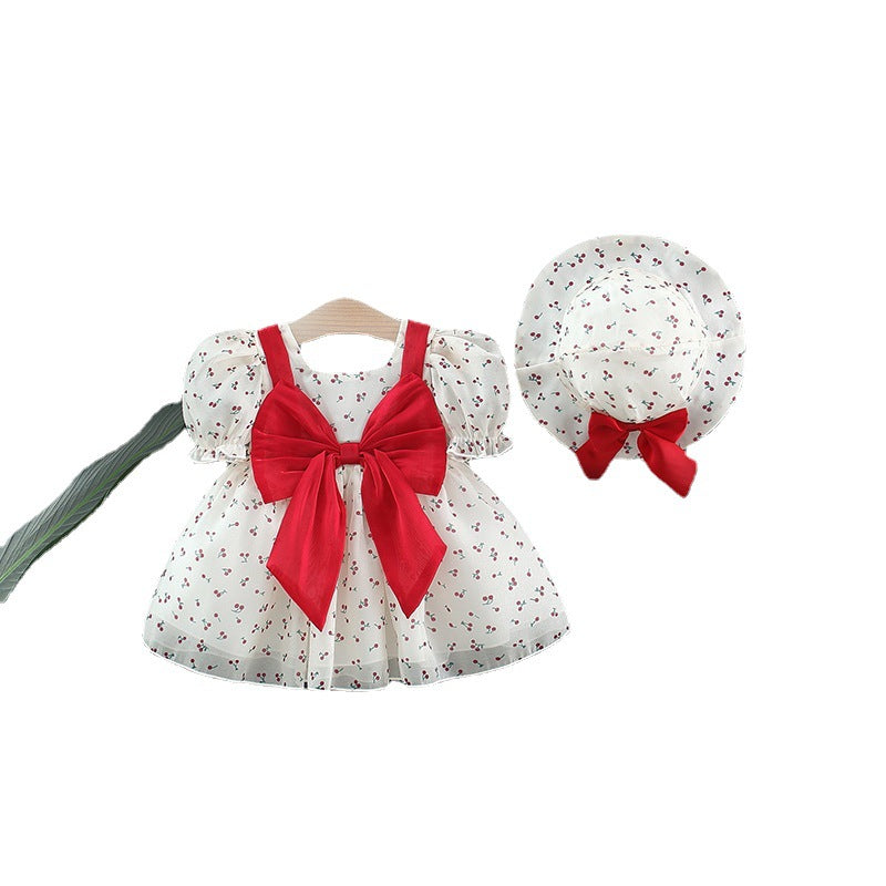 Baby Girl Cherry Princess Dress Puff Sleeve Bow