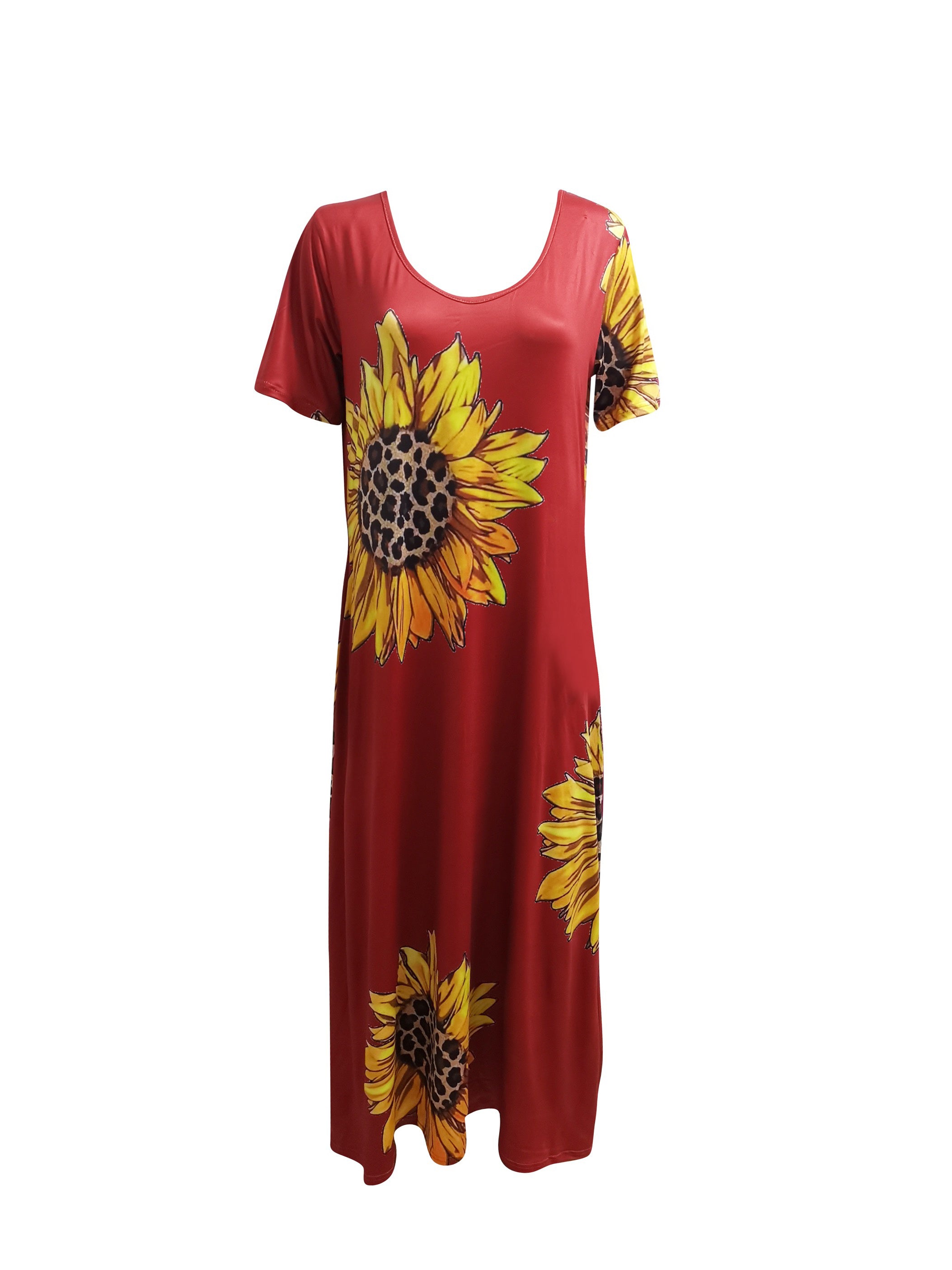 [Sunflower Print Dress] Sunflower Print Women's Dress | Casual Vacation Style, Round Neckline with Wide Opening, Loose Short Sleeve Maxi Skirt