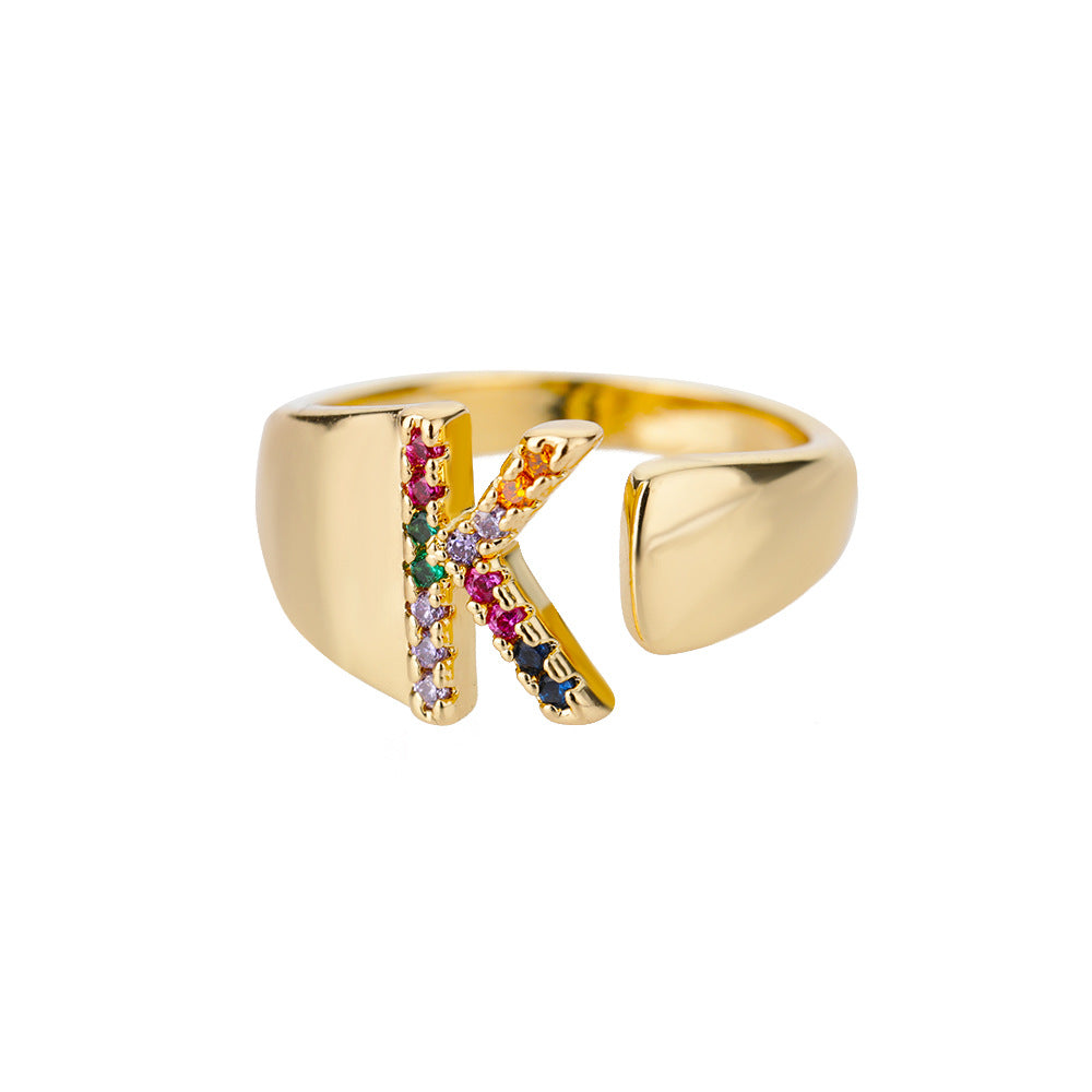 Fashion Micro-set Colored Zirconium 26 English Letters Adjustable Open Ring