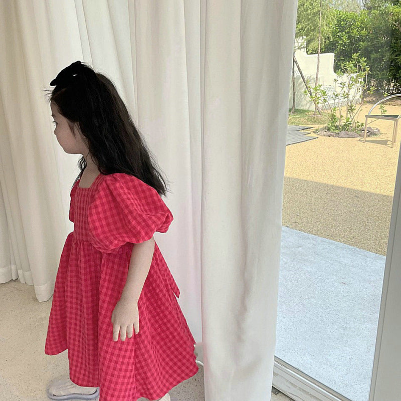 Girls' Plaid Summer Dress Puff Sleeves
