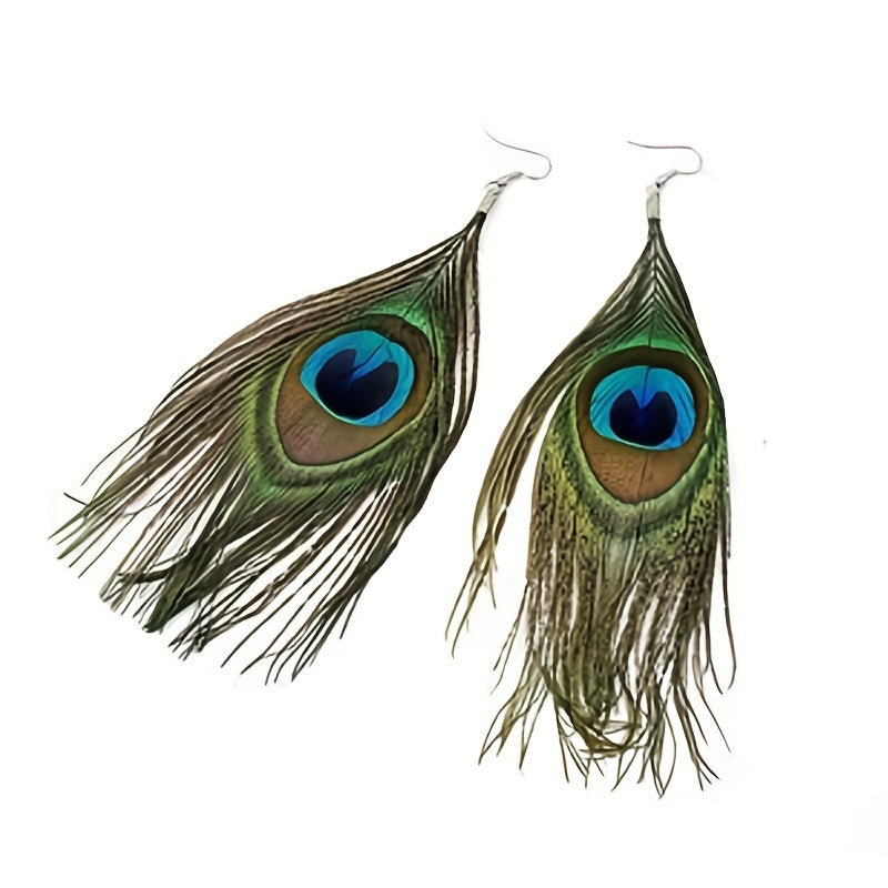 Vintage Bohemian Green Tassel Earrings with Imitation Peacock Feathers - Long Drop Earrings for Women's Dress Accessories