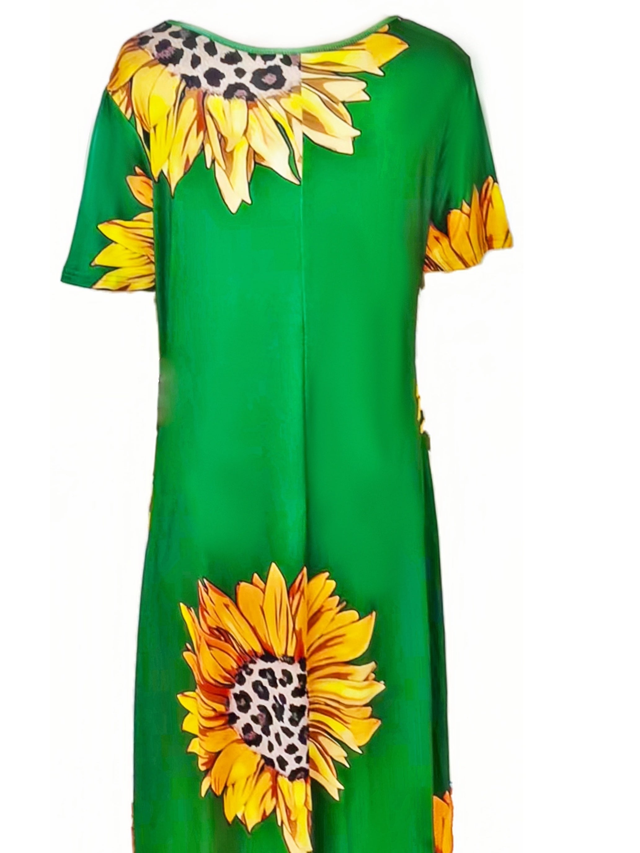 [Sunflower Print Dress] Sunflower Print Women's Dress | Casual Vacation Style, Round Neckline with Wide Opening, Loose Short Sleeve Maxi Skirt