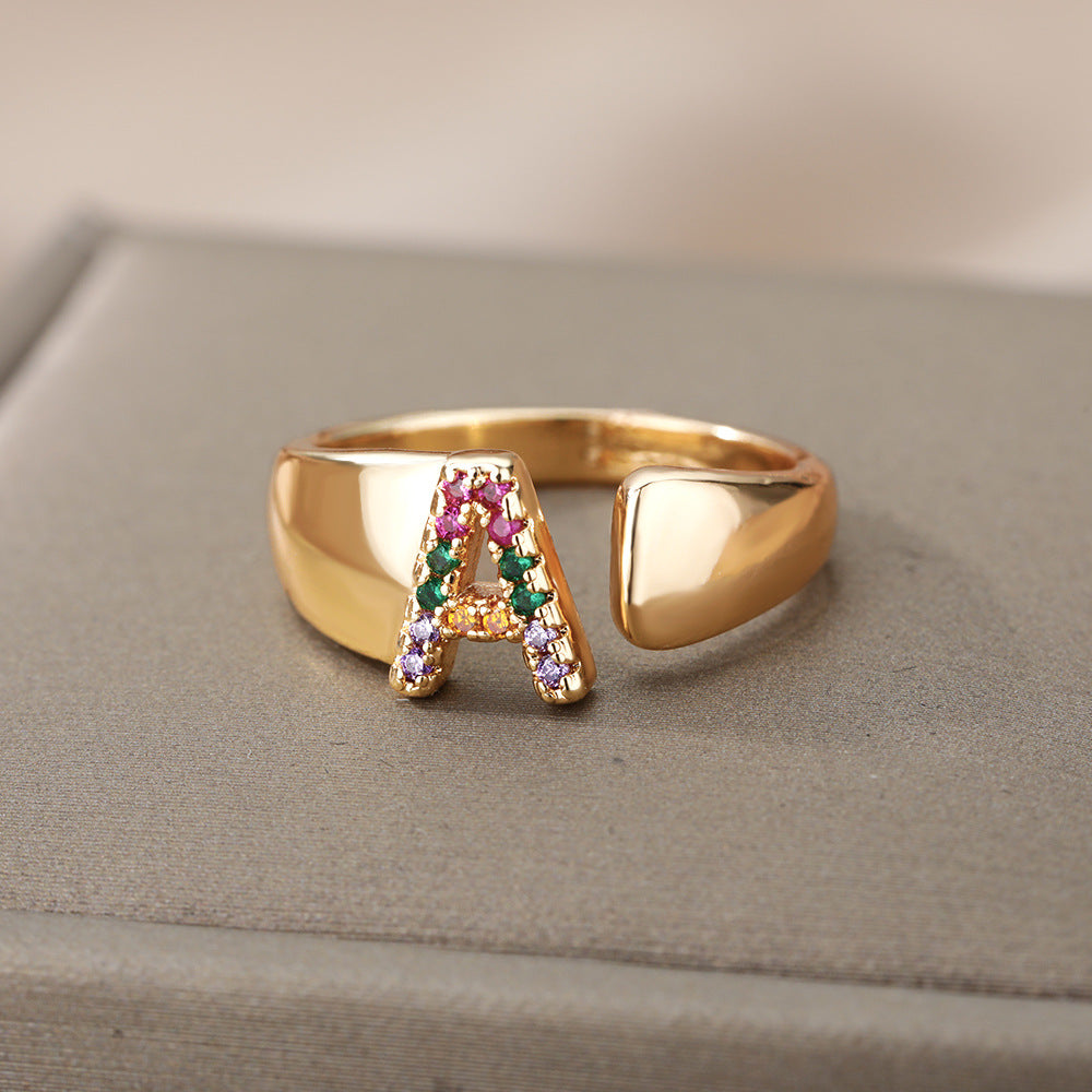 Fashion Micro-set Colored Zirconium 26 English Letters Adjustable Open Ring