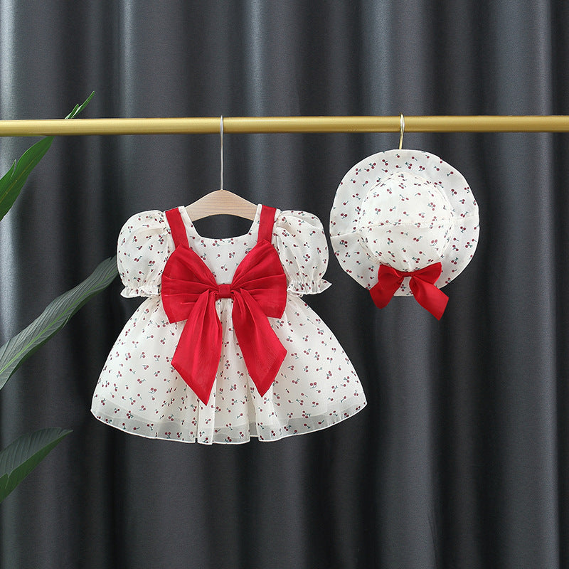 Baby Girl Cherry Princess Dress Puff Sleeve Bow