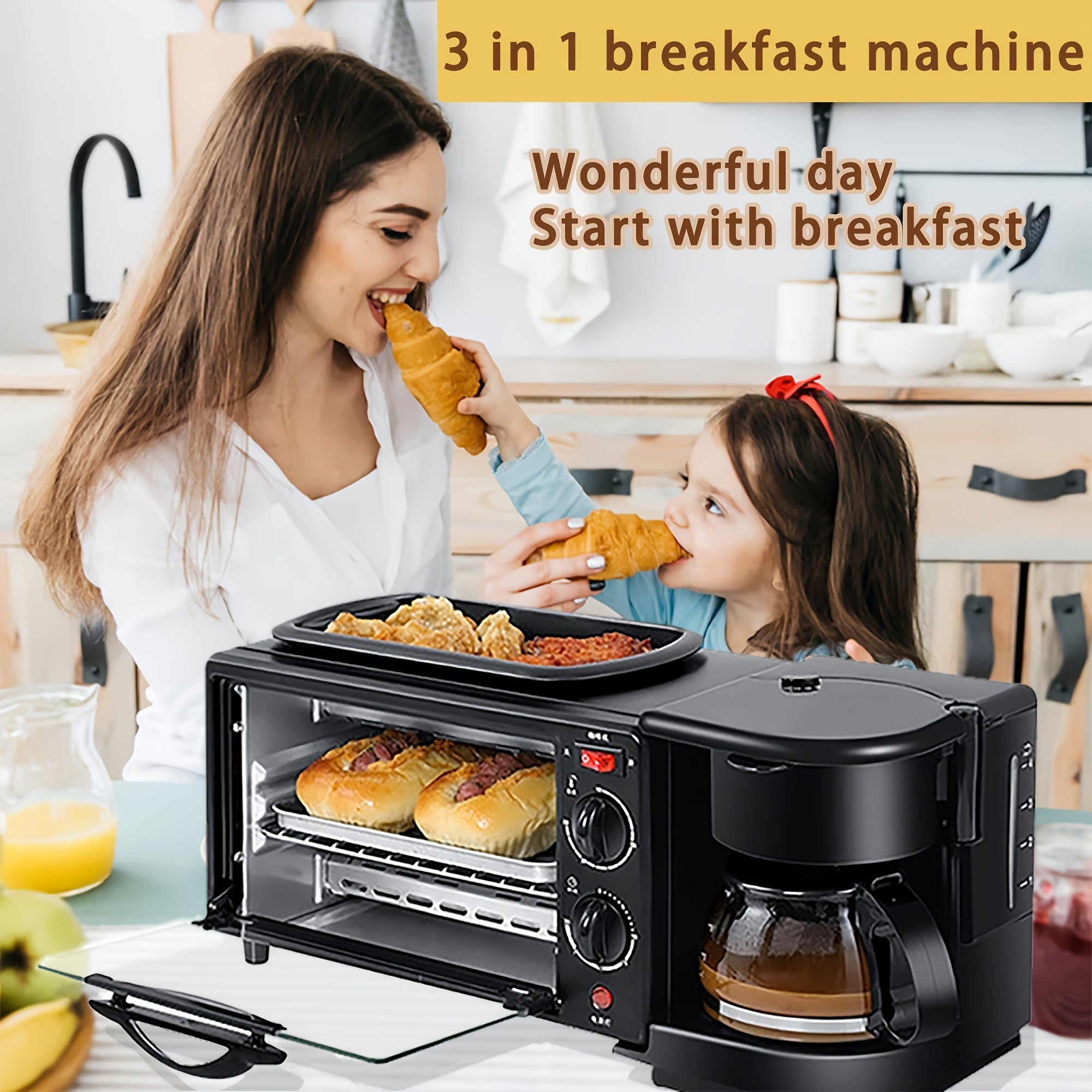 3-in-1 Breakfast Machine with Automatic Power Off, One-Touch Operation for Eggs, Toast & Coffee, Non-Stick Coating, Timer & No Supervision Needed - Compact Square Design for Small Kitchens, 110V US Plug, Kitchen Appliance, Mo