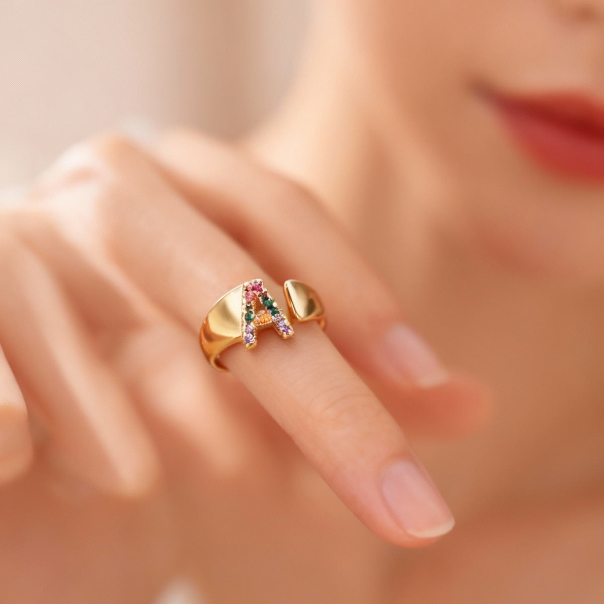 Fashion Micro-set Colored Zirconium 26 English Letters Adjustable Open Ring
