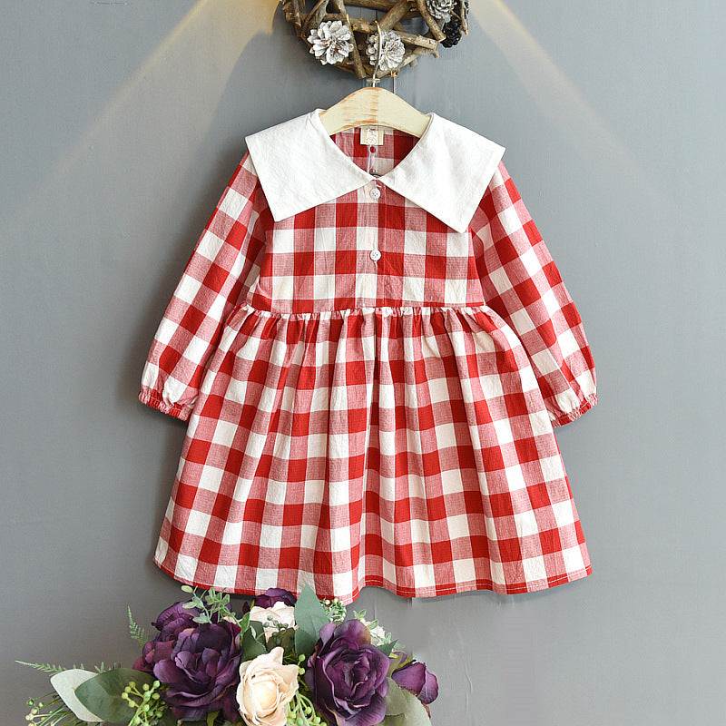 Baby Girl Big Collar Buttoned Plaid Long-sleeved Dress