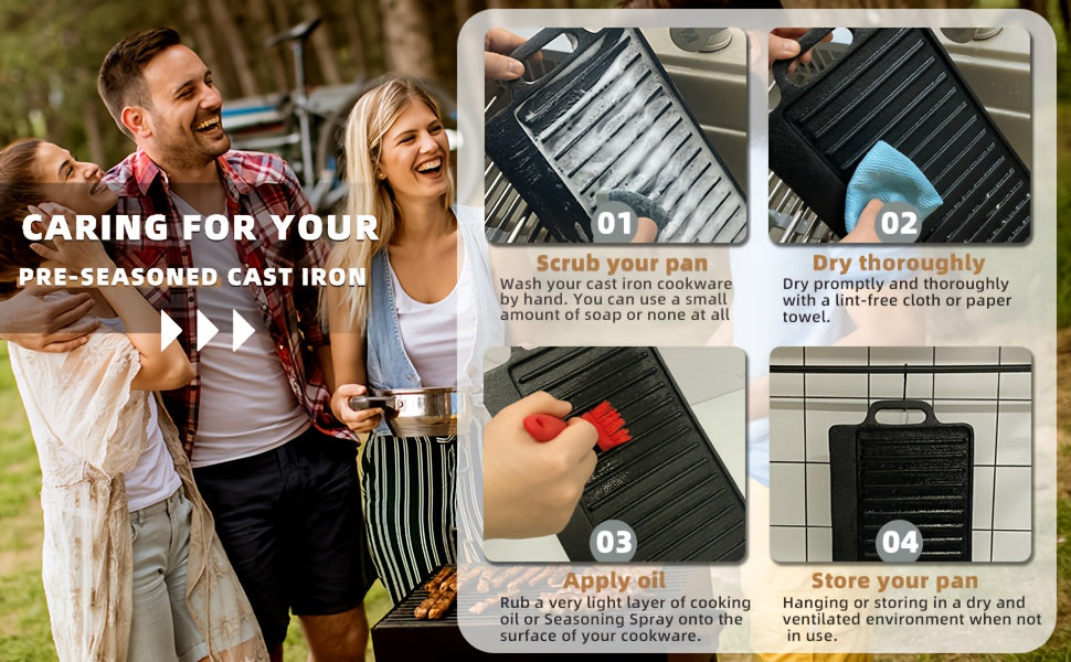 Heavy Duty Reversible Cast Iron Griddle Grill Pan - Double-Sided 21.25x9.44 Inch Single Burner Cookware with Smooth & Ridged Surfaces, Easy-Grip Handles for Stovetop, Oven, Campfire - Perfect for Pancakes, Steak, Burgers, Out