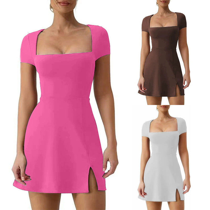 Women's Solid Color Split A-line U-neck Dress