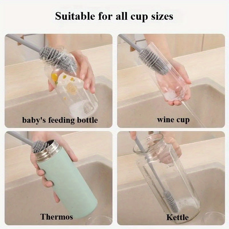 1pc Multi-Functional Long-Handled Rubber Brush for Cups & Bottles - Reusable Ergonomic Scrubber with Durable Bristles, Non-Electric Cleaning Tool for Kitchen, Bathroom, Car - Hygienic Design, Brush for Bottle, Kitchen Scrubbi