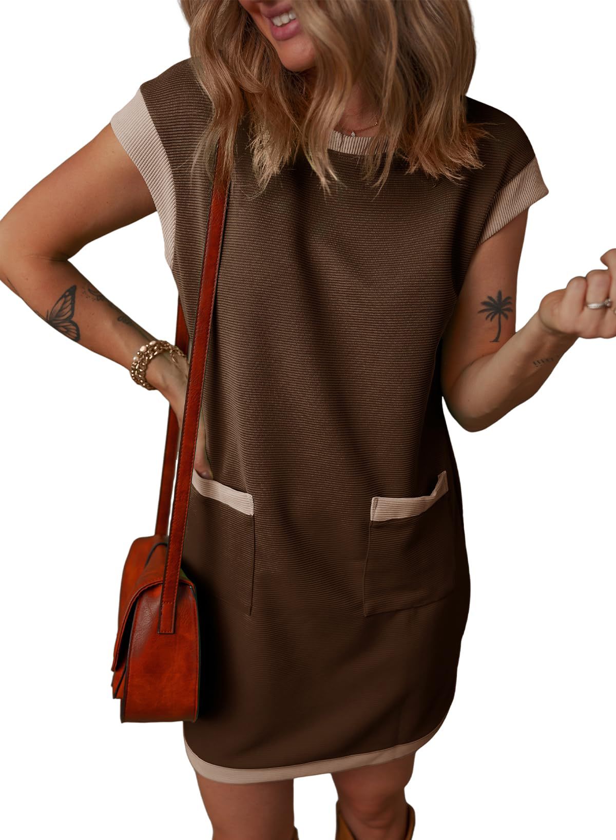 Women's Pullover Pocket Flap Sleeve Color-blocked Straight Dress