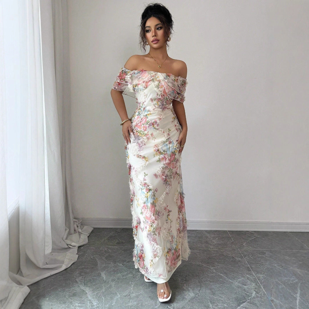 Women's Off-Shoulder Waist-Floral Mesh Dress