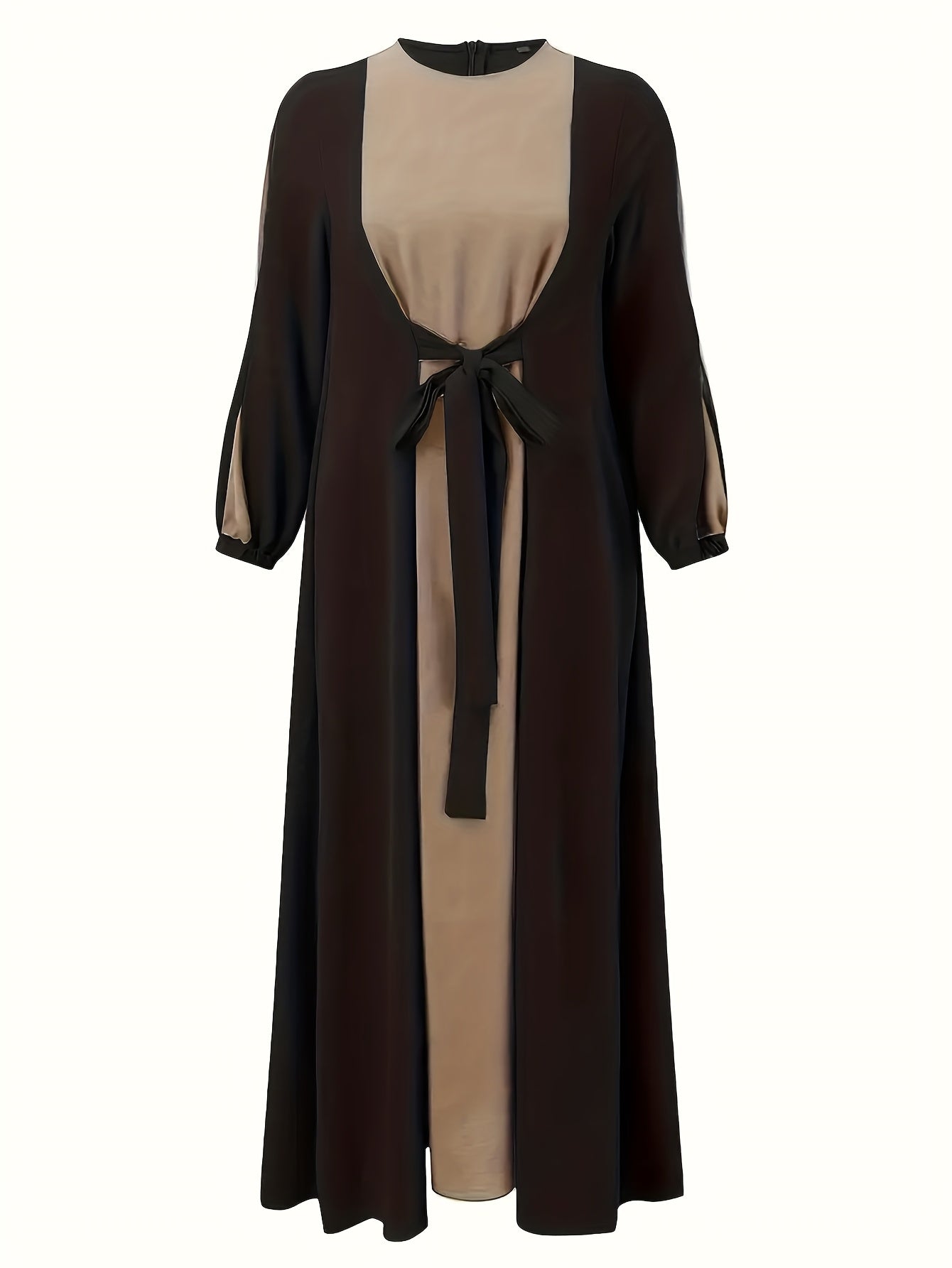 [Elegant Dress] Elegant Women's Dress - Maroon & Gray Color Block, Long Sleeveless Maxi with Tie-Waist Detail | Stylish Maxi Dress | Flowing Gown, Perfect for Spring/Summer/Fall, Cultural Wear