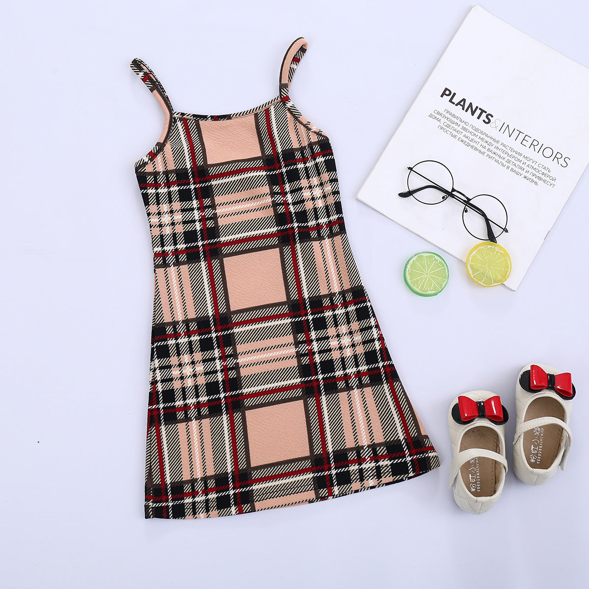 Girls Summer Sleeveless Plaid Dress Suspenders