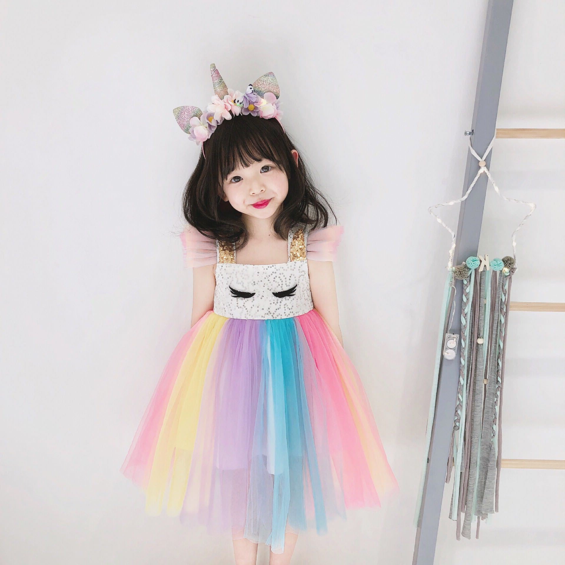 Girls' Summer Rainbow Dress Pompous Mesh
