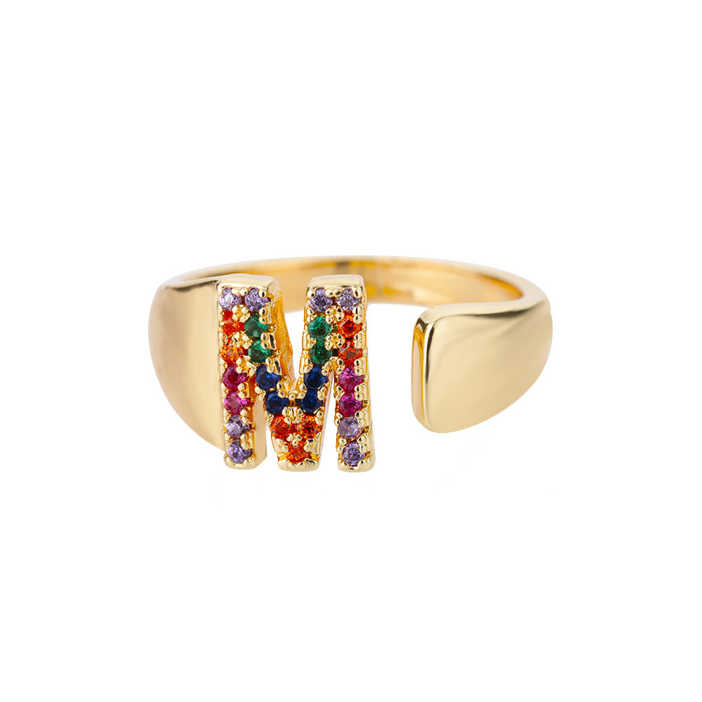 Fashion Micro-set Colored Zirconium 26 English Letters Adjustable Open Ring