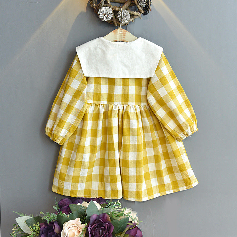 Baby Girl Big Collar Buttoned Plaid Long-sleeved Dress